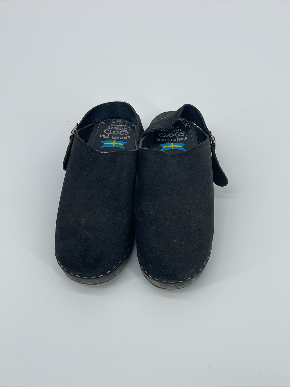 Vintage 90’s Swedish Real Leather Black Suede Clogs with Buckle Strap